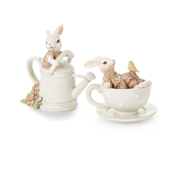 lot de 2 lapins arroseurs décoratifs en résine de bois hauteur 10,5cm